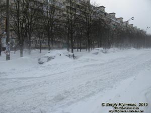 Фото Киева. Последствия метели 24 марта 2013 года. Улица академика Курчатова засыпана снегом.
