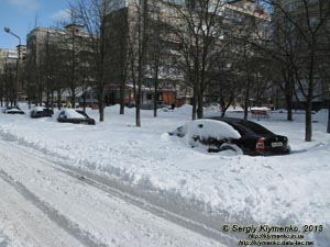Фото Киева. Последствия метели 25 марта 2013 года. Улица академика Курчатова засыпана снегом.