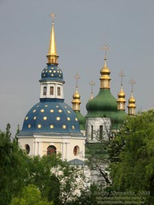 Колокольня Выдубицкого монастыря, вид из Ботанического сада.