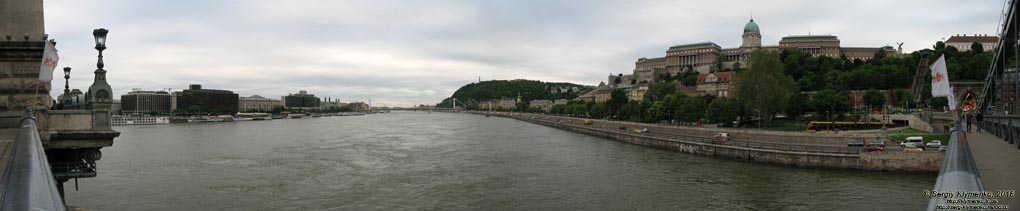 Будапешт (Budapest), Венгрия (Magyarország). Фото. Вид с Цепного моста Сеченьи (Széchenyi lánchíd). Панорама ~190°.