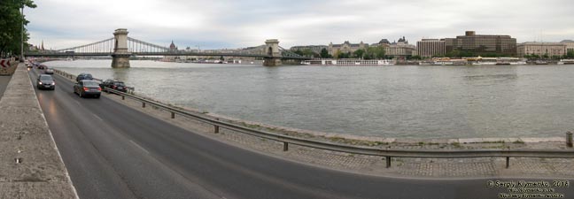 Будапешт (Budapest), Венгрия (Magyarország). Фото. Дунай и Цепной мост Сеченьи (Széchenyi lánchíd). Панорама ~120°.