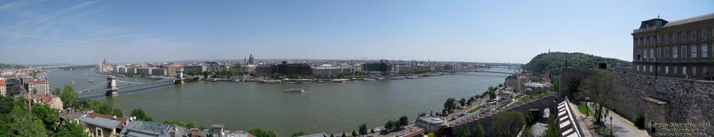 Будапешт (Budapest), Венгрия (Magyarország). Фото. Вид на Дунай и Пешт от здания Королевского дворца. Панорама ~210°.