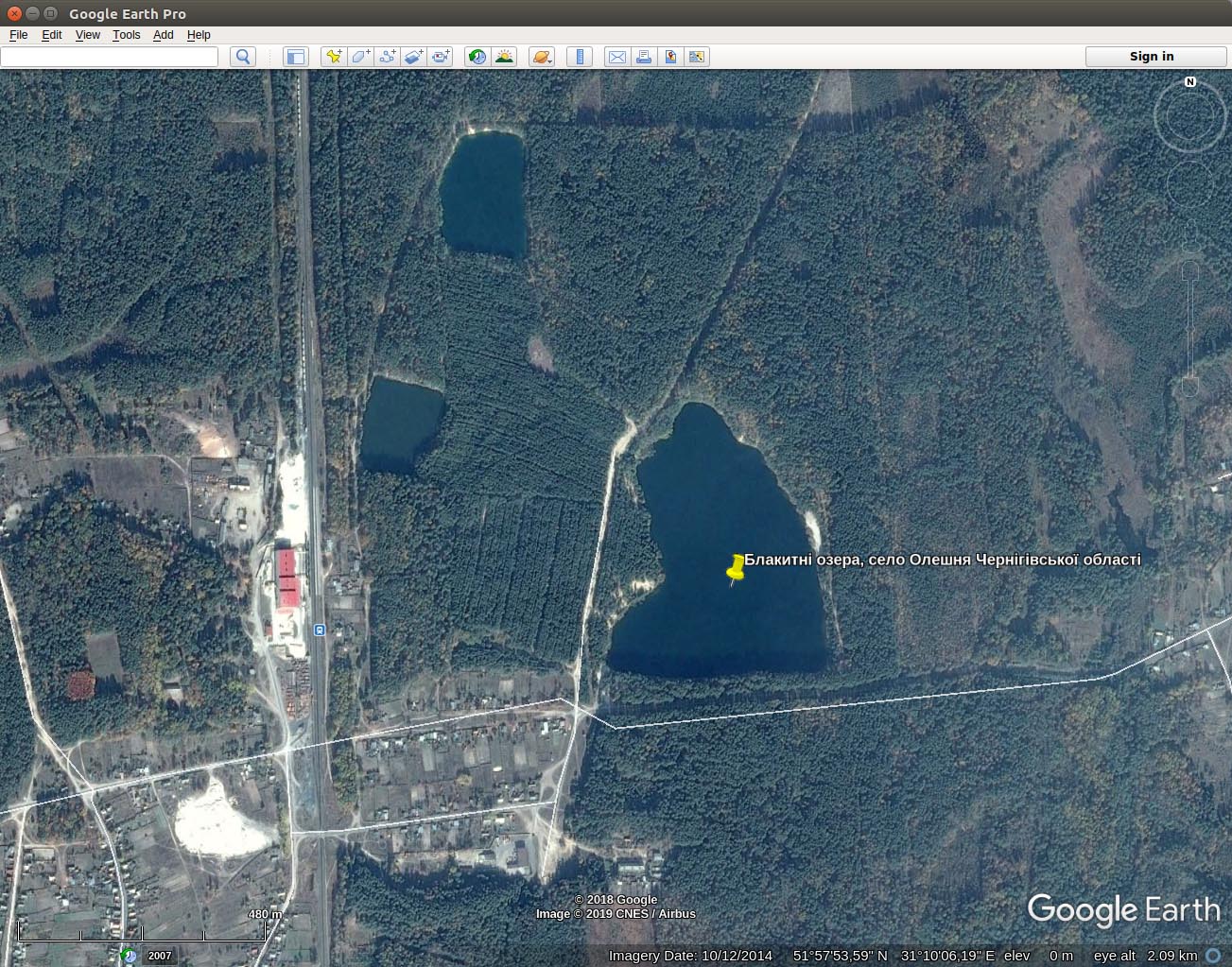 «Голубые озёра» (село Олешня, Черниговская область). Спутниковый снимок «Голубых озёр» (с Google Earth). Image © 2019 CNES / Astrium.