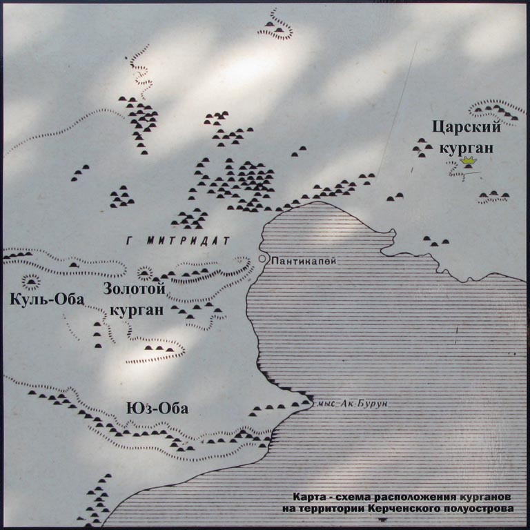 Крым. Фото. Карта-схема расположения курганов на территории Керченского полуострова.