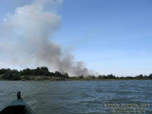Одесская область. Вилково. Фото. На Дунае. Впереди горят плавни.