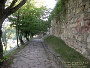 Теребовля, Тернопольская область. Замок, 1631 г. Мощёная дорожка парком под восточной оборонительной стеной Теребовлянского замка.