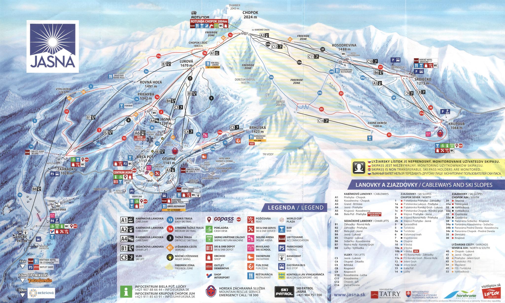 Словакия, горнолыжный курорт Ясна. Карта трасс и подъемников горнолыжного курорта Ясна (зима 2017-2018 років).